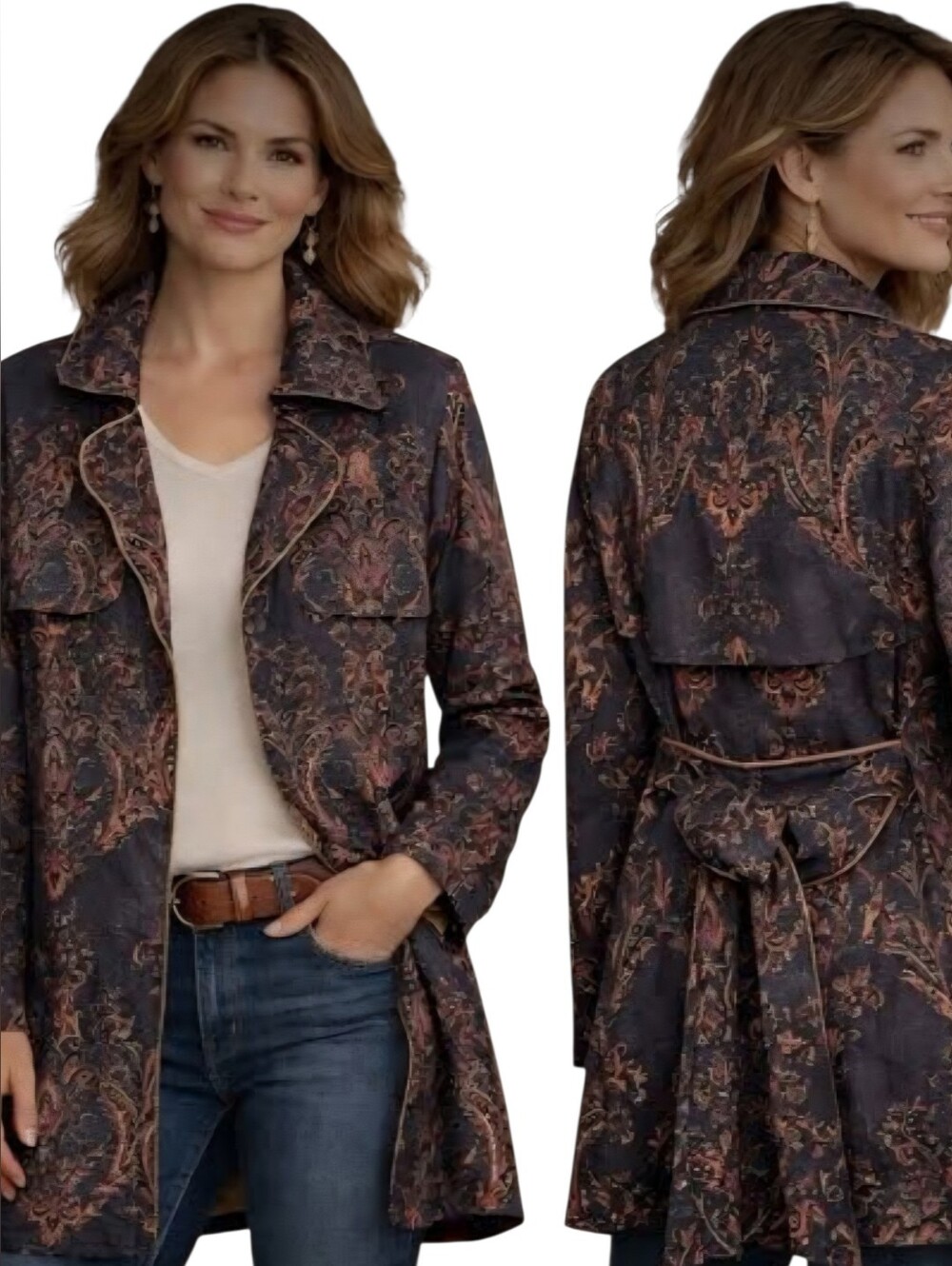 Solitaire Anthropologie Paisley Belted Faux Suede Trench Coat Size M Ultra Soft